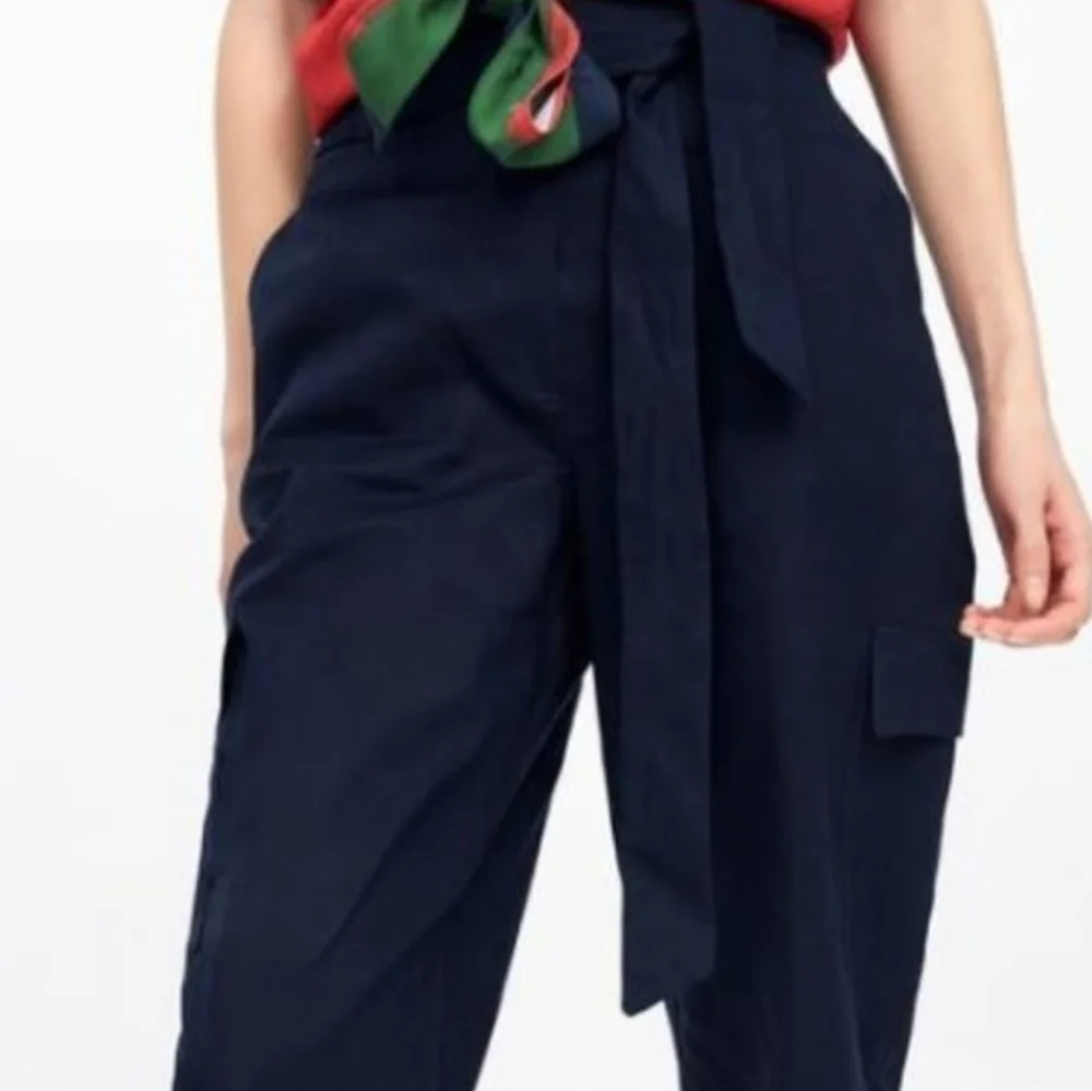 Zara Navy Blue Linen Roll-Up Cargo Pants XS Cropped High Rise Tie Belt Women's